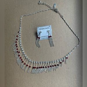 Jerome Arizona silver tone and red rhinestone necklace and earring.